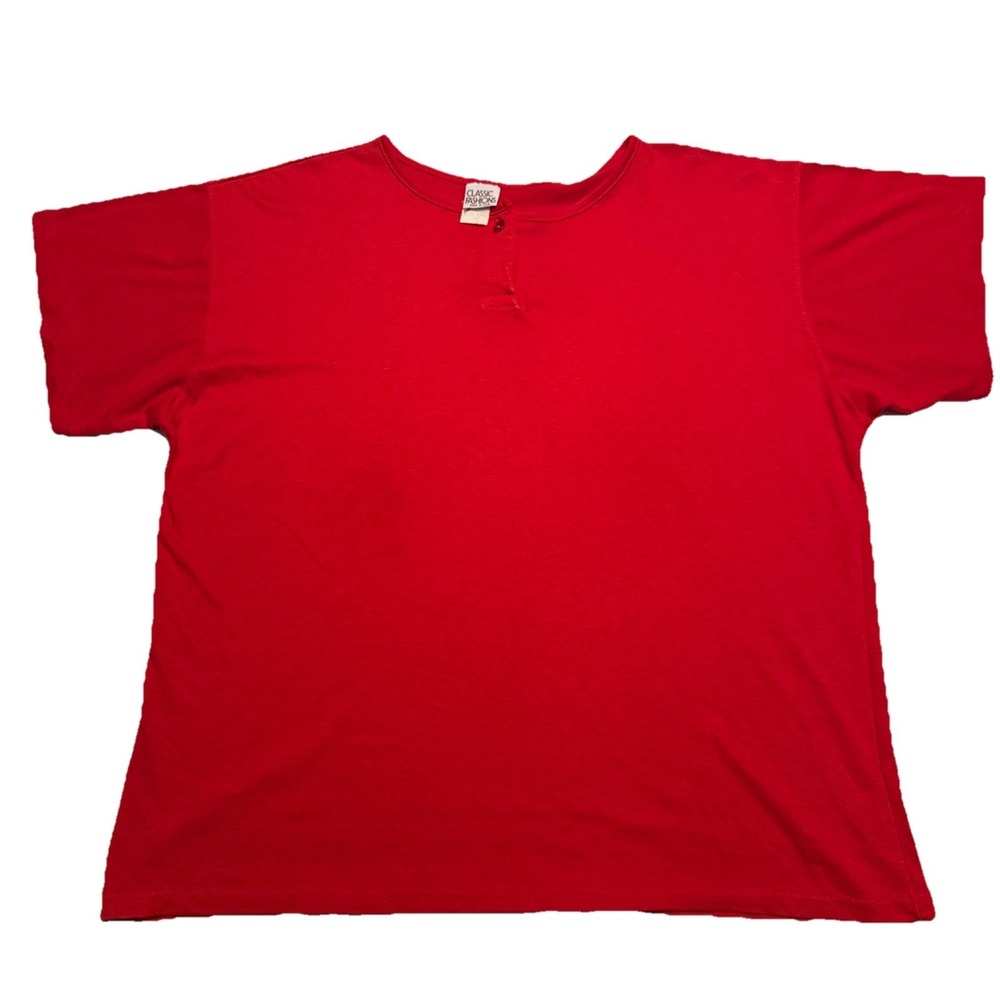 Classic Fashions Red Henley Top Short‎ Sleeve Vintage Made in USA Womens XL